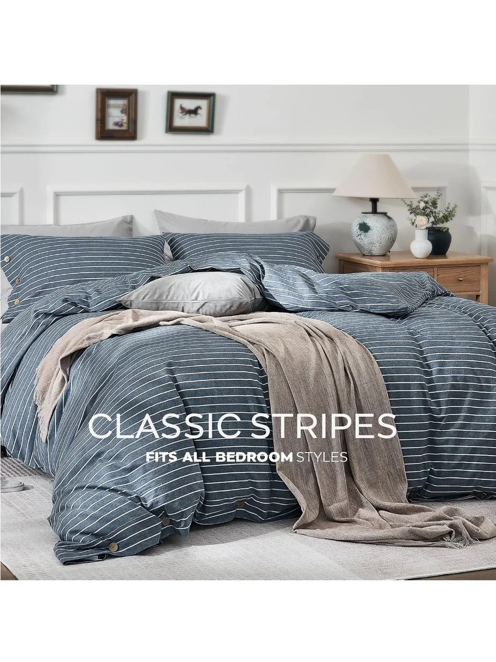 NEW JELLYMONI Blue Pinstriped, 100% WashedCotton Duvet Cover King Size - 3PCS